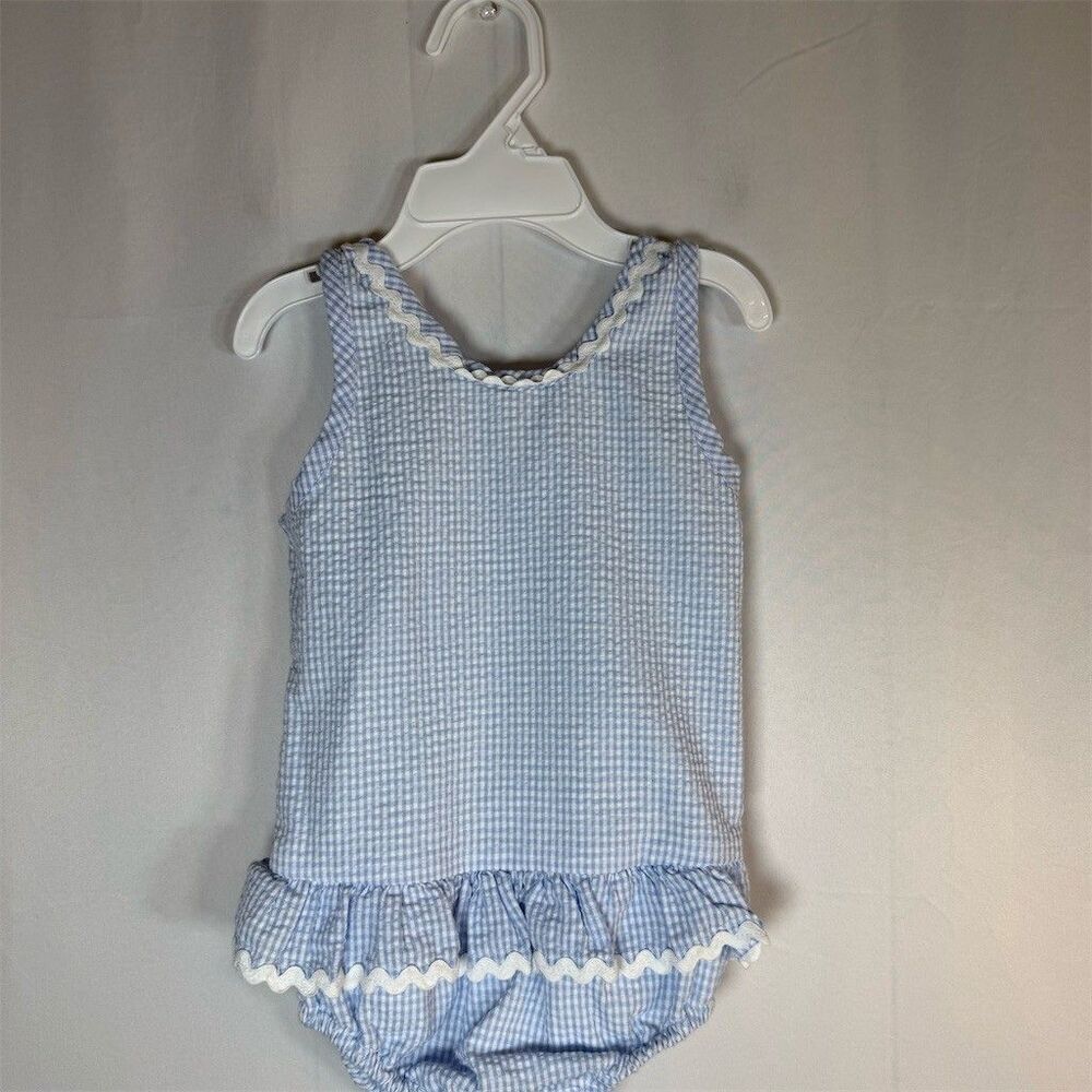 Baby Girls One Piece Swimsuit Size 3T Blue White Gingham Ruffle Skirt